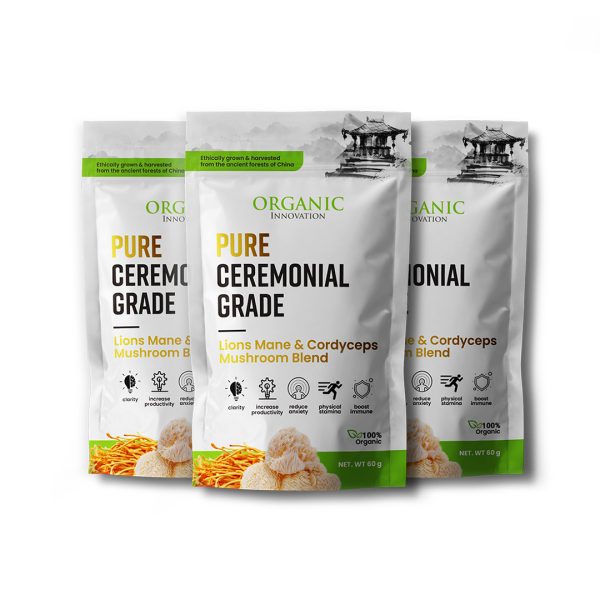 Three packages of Organic Innovation Pure Ceremonial Grade Lions Mane & Cordyceps Mushroom Blend with free shipping offer.