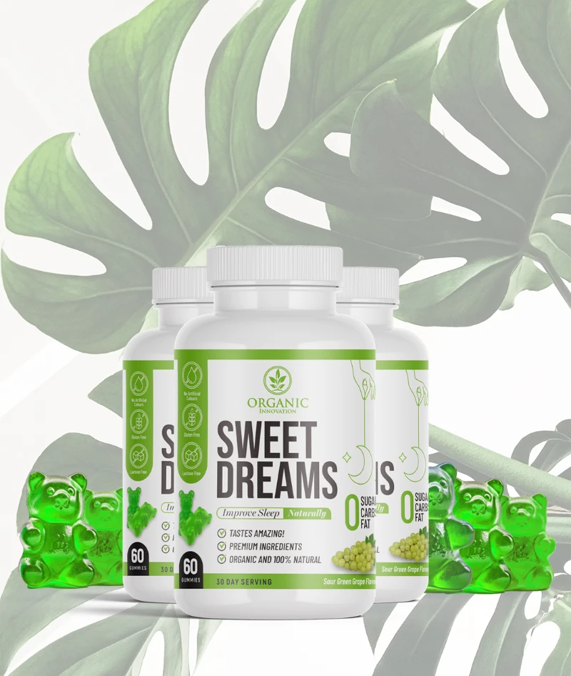 Organic Innovation Sweet Dreams natural melatonin sleep supplement bottles with green gummy bears and monstera leaves on white background