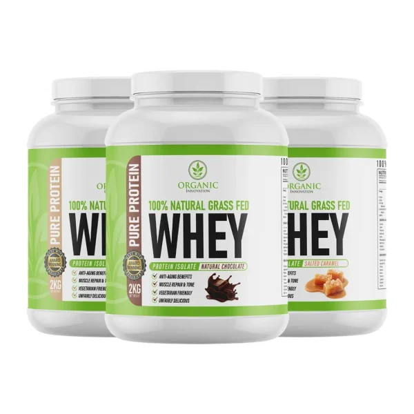 Three 2kg tubs of Organic Innovation Pure Protein grass-fed whey isolate - mix and match your favourite flavours bundle