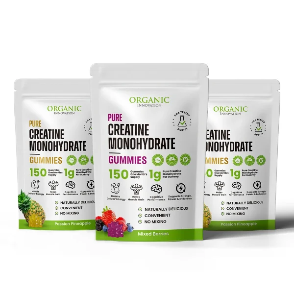 Image of 2 Organic innovation Pineapple Creatine Gummy Packets Behind 1 Berry Creatine gummy Packet