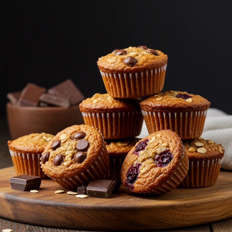 High-protein baked oat muffin cups stacked on wooden board with chocolate chips and cranberry variations, chocolate squares scattered around, dark background