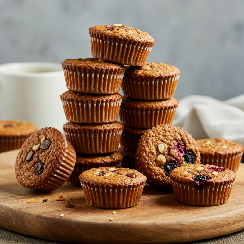 Stack of golden brown high-protein baked oat muffins on wooden serving board with coffee cup in background, showing chocolate chip and berry mix-in varieties