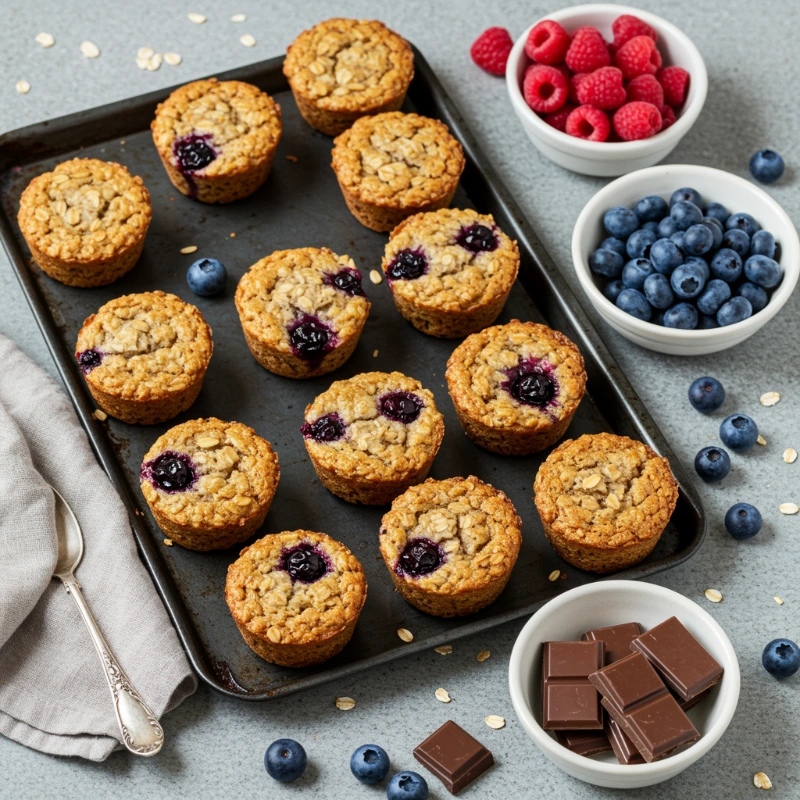 High-protein baked oats with fresh blueberries and dried cranberries served in a white bowl with milk, honey dipper in background, and additional baked oats in coconut shell bowl