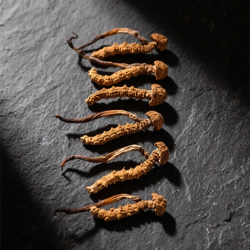 Fresh Cordyceps mushrooms arranged on dark stone surface studio photography
