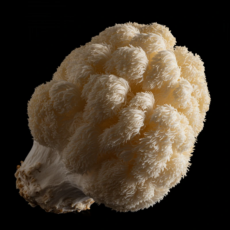 Fresh Lion's Mane and Cordyceps mushrooms on white marble surface natural lighting