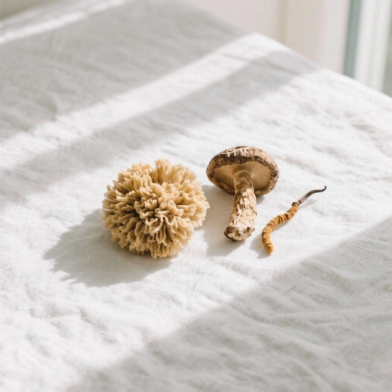 Lion's Mane and Cordyceps mushrooms side by side on white linen flat lay