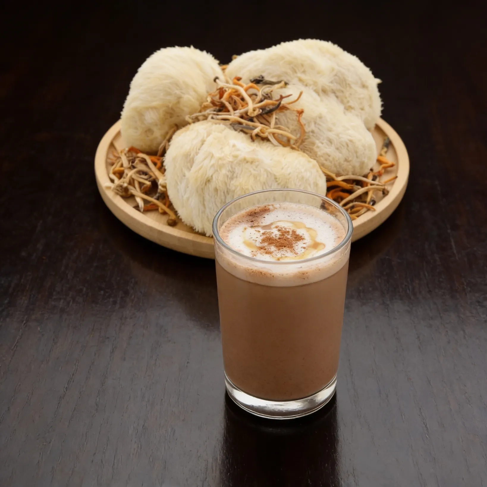 Lion’s Mane and Cordyceps daily vitality elixir made with almond milk, cacao and cinnamon, served warm in a glass with whole mushrooms in the background