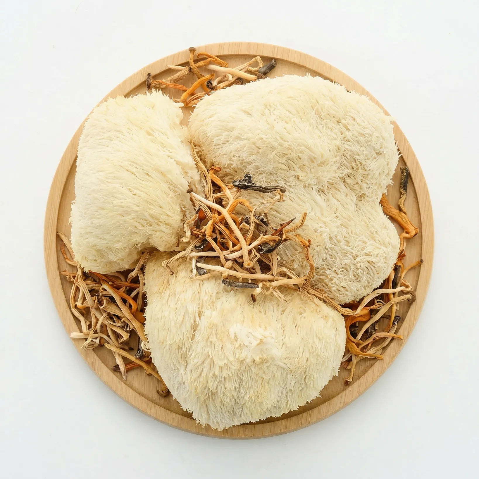 Lion’s Mane and Cordyceps mushrooms displayed on a wooden plate for brain focus and natural energy support