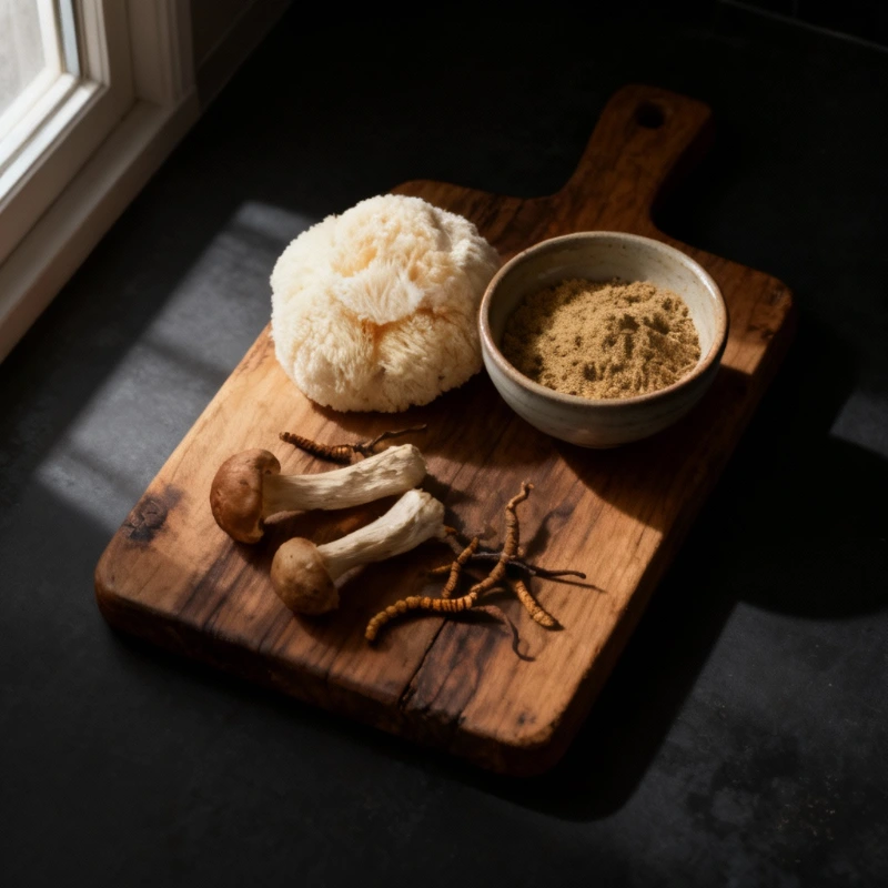 Lion's Mane and Cordyceps mushrooms with powder blend on wooden cutting board dark moody lighting