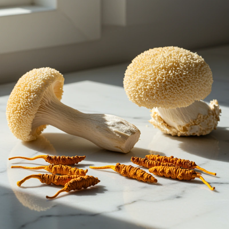 Fresh Lion's Mane and Cordyceps mushrooms on white marble surface natural lighting