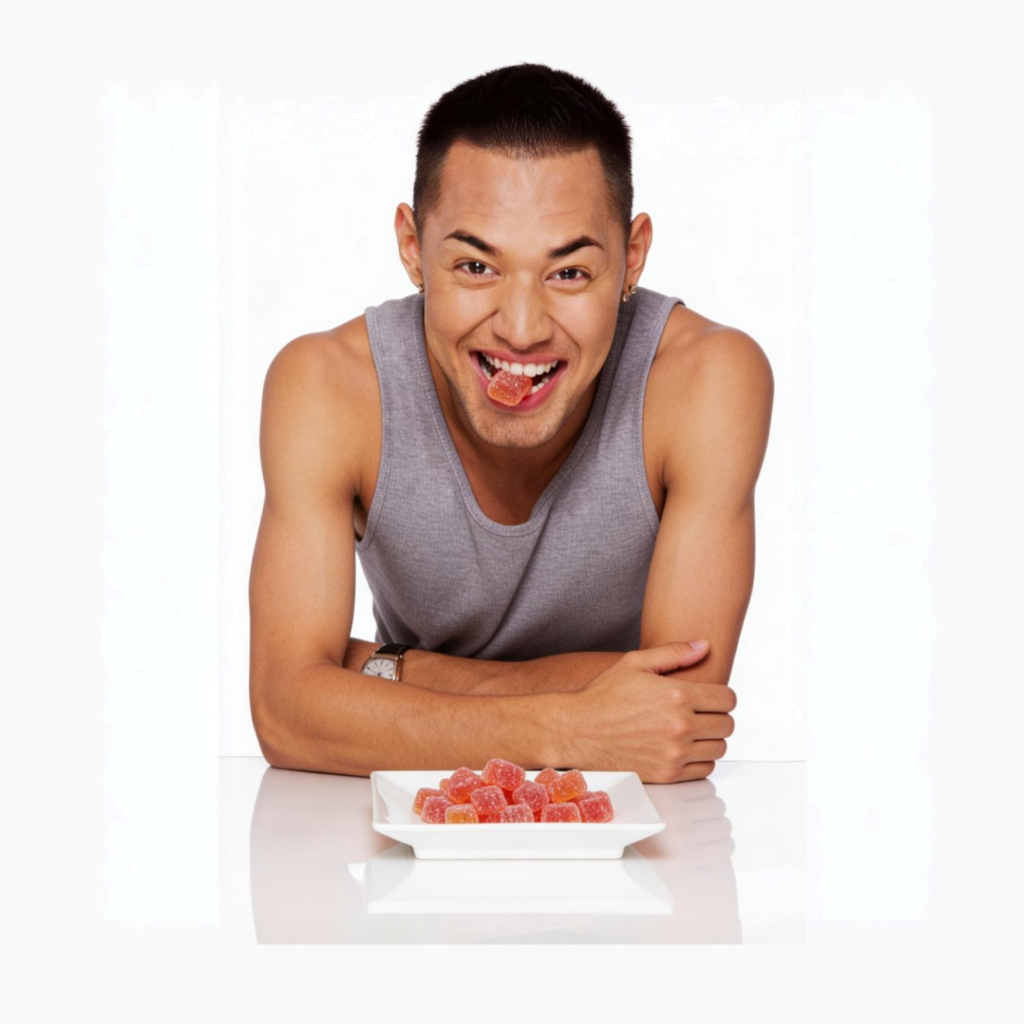 Fit young man in a grey tank top smiling while eating a creatine gummy from a white plate, against a clean white background