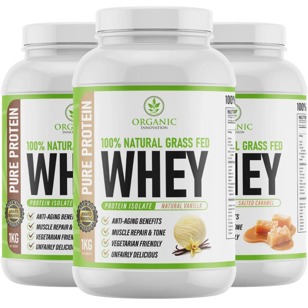 Three containers of Organic Innovation 100% Natural Grass Fed Whey protein powder in vanilla and salted caramel flavors.