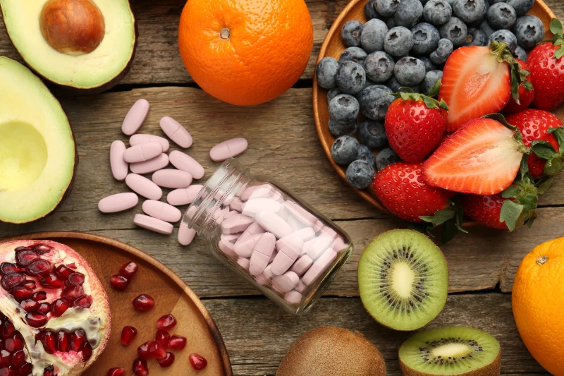 vitamin-pills-bottle-fresh-fruits-wooden-table-flat-lay