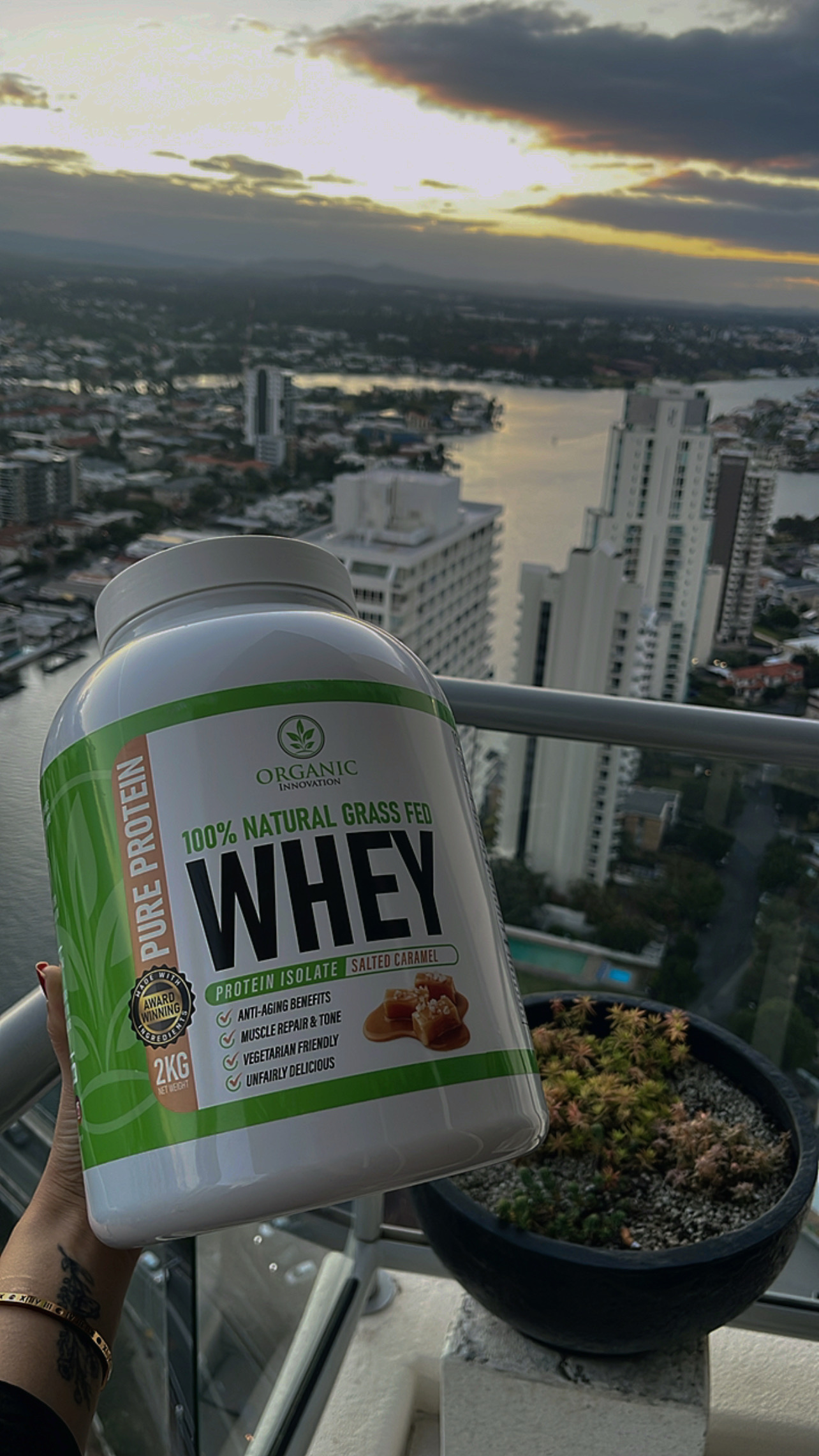 Photo of Organic Innovation Cleanest Whey Protein from high-rise apartment balcony